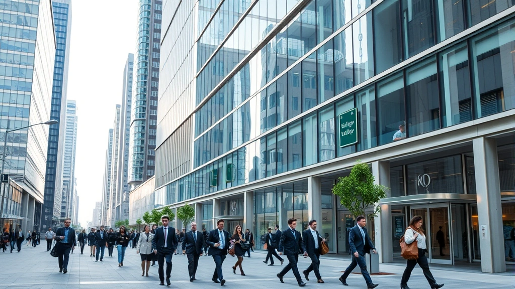 Professional business district with modern office buildings, busy pedestrians in business attire walking on wide sidewalk, daytime urban commerce scene, natural lighting