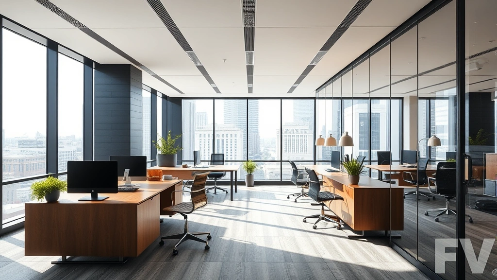Contemporary commercial real estate interior showing professional office space with glass partitions, modern furniture, natural windows overlooking city, business workspace