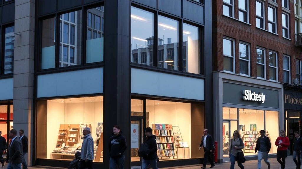 Urban retail storefront with professional display windows, pedestrian foot traffic, mixed-use building facade, evening lighting highlighting commercial activity