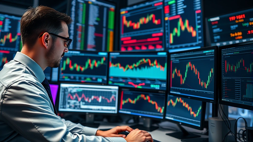 Professional trader analyzing multiple currency charts and market data on desktop monitors in a modern trading office environment with financial displays showing real-time market movements and technical analysis tools