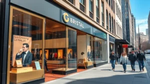 Urban retail storefront with modern window displays on a busy city street, shoppers walking past, daytime natural lighting, professional commercial photography