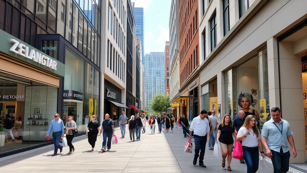 Busy urban retail district with modern storefronts, pedestrians walking with shopping bags, mixed-use buildings with street-level retail, daytime natural lighting, vibrant commercial activity