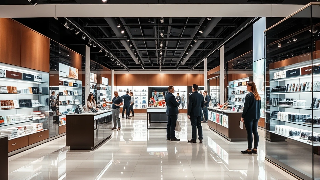 High-end retail interior with polished floors, professional lighting, organized product displays, professional staff assisting customers, upscale shopping environment with contemporary design