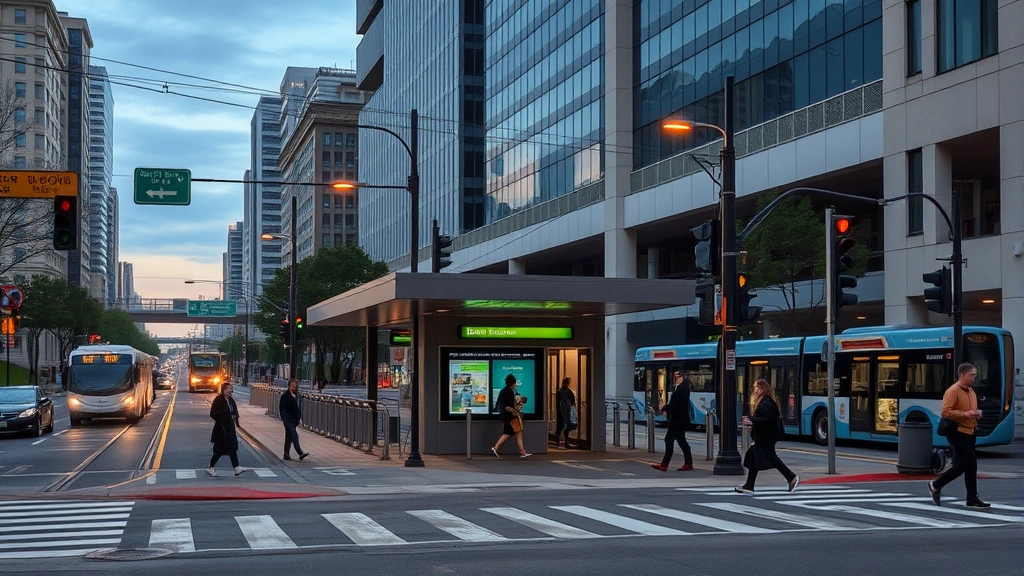 Urban streetscape showing public transit station entrance, pedestrians crossing, modern street furniture, well-maintained sidewalks, mixed transportation infrastructure with buses and pedestrians, evening or early morning activity