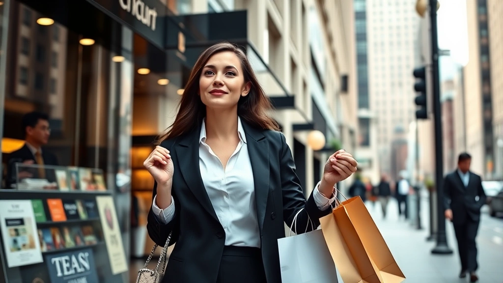 Professional woman in business attire shopping at upscale downtown retail store, carrying shopping bags, urban financial district background with modern architecture, natural daylight through storefronts