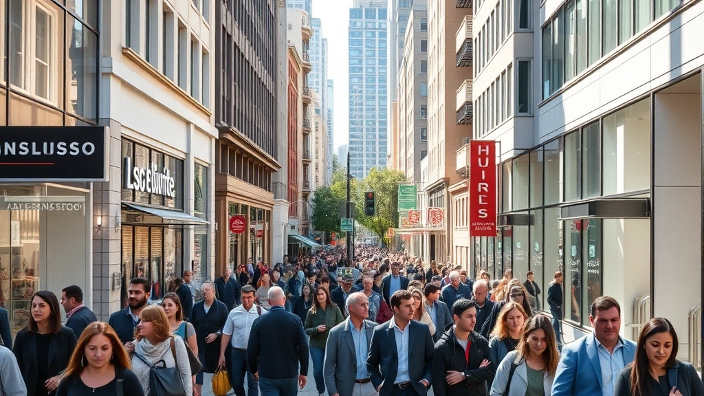 Busy lunch hour crowd of professionals and tourists walking through modern downtown San Francisco shopping corridor, mixed-use commercial district with clean contemporary storefronts, daytime urban atmosphere