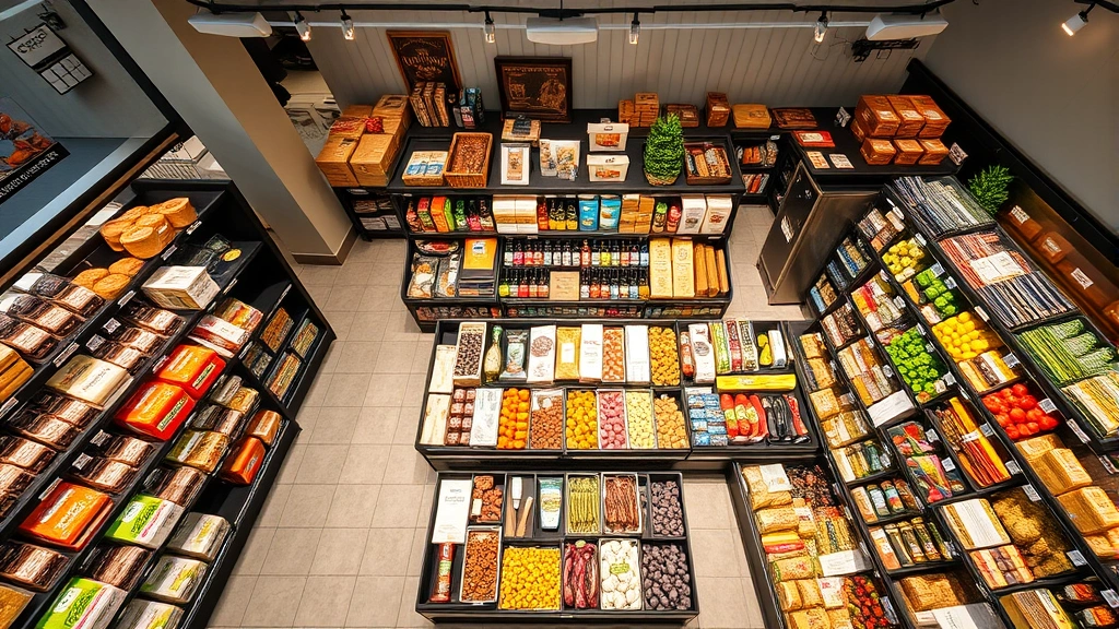 Overhead view of artisanal food products and specialty goods displayed in modern retail setting, premium grocery or gourmet food display with organized shelving and professional lighting, no price tags or signage visible
