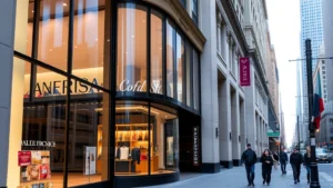 Upscale retail storefront with large windows displaying merchandise, modern architecture, professional lighting, busy urban street with pedestrians walking, San Francisco downtown setting