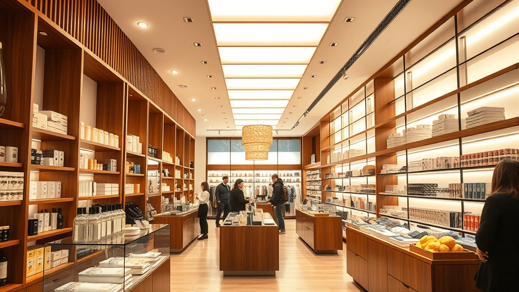 Interior of contemporary retail shop with organized product displays, warm lighting, wooden fixtures, customers browsing shelves, professional and welcoming atmosphere, luxury retail environment