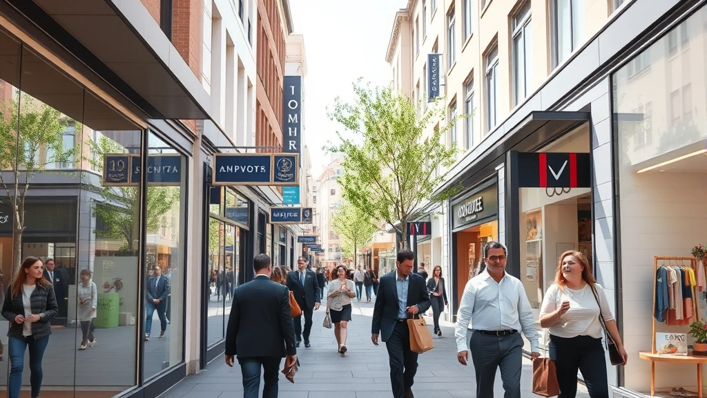 Outdoor shopping area with multiple storefronts, clear signage, well-dressed pedestrians shopping, natural daylight, urban commercial district, professional retail district setting