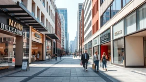 Modern urban shopping district street view with multiple storefronts, pedestrians walking with shopping bags, bright daylight, professional storefront displays, clean sidewalks, mixed retail environment