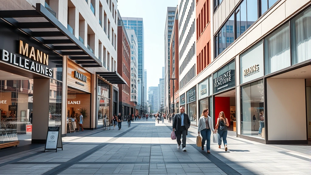 Modern urban shopping district street view with multiple storefronts, pedestrians walking with shopping bags, bright daylight, professional storefront displays, clean sidewalks, mixed retail environment