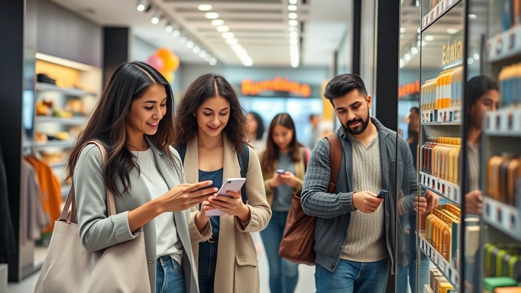 Diverse retail customers shopping in modern commercial space, woman checking smartphone while browsing, man selecting products from shelf, diverse demographics, contemporary store interior with good lighting