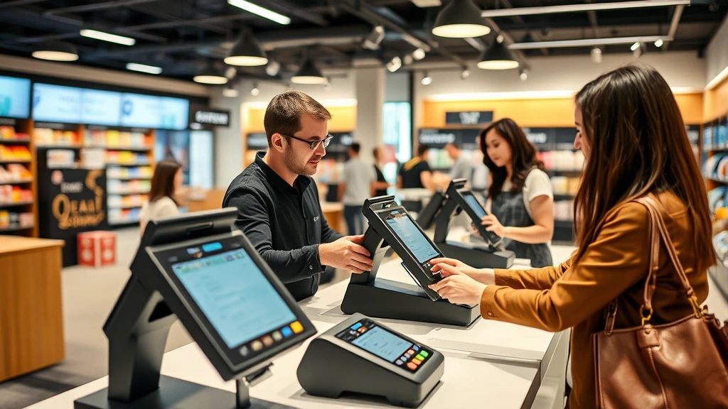 Contemporary retail checkout area with digital payment terminals, customer completing transaction, modern point-of-sale technology, clean professional retail environment, staff assisting customers