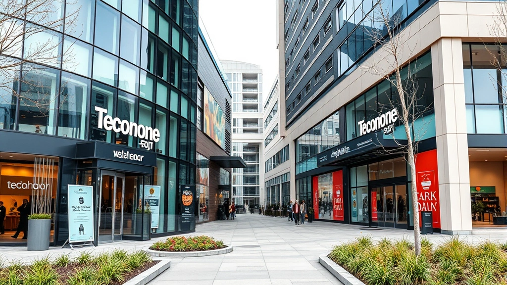 Modern urban shopping center exterior with glass storefronts, professional signage, and landscaped entrance area, daytime with clear weather, customers visible entering stores, contemporary architecture