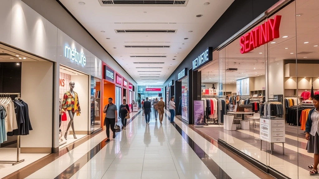 Interior retail corridor showing diverse tenant storefronts including fashion, services, and dining options, well-lit modern space with clean floors, professional displays, and customers shopping