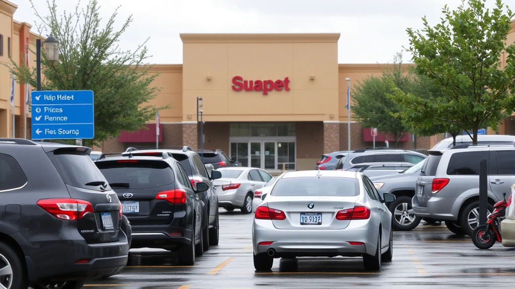 Busy shopping center parking area with parked vehicles, clear directional signage, and visible building entrance in background, professional property management evident, mixed weather conditions