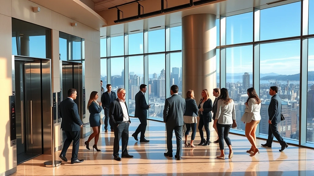 Professional business people in modern office lobby with glass elevators and marble flooring, San Francisco downtown skyline visible through floor-to-ceiling windows, daytime, professional attire, diverse group