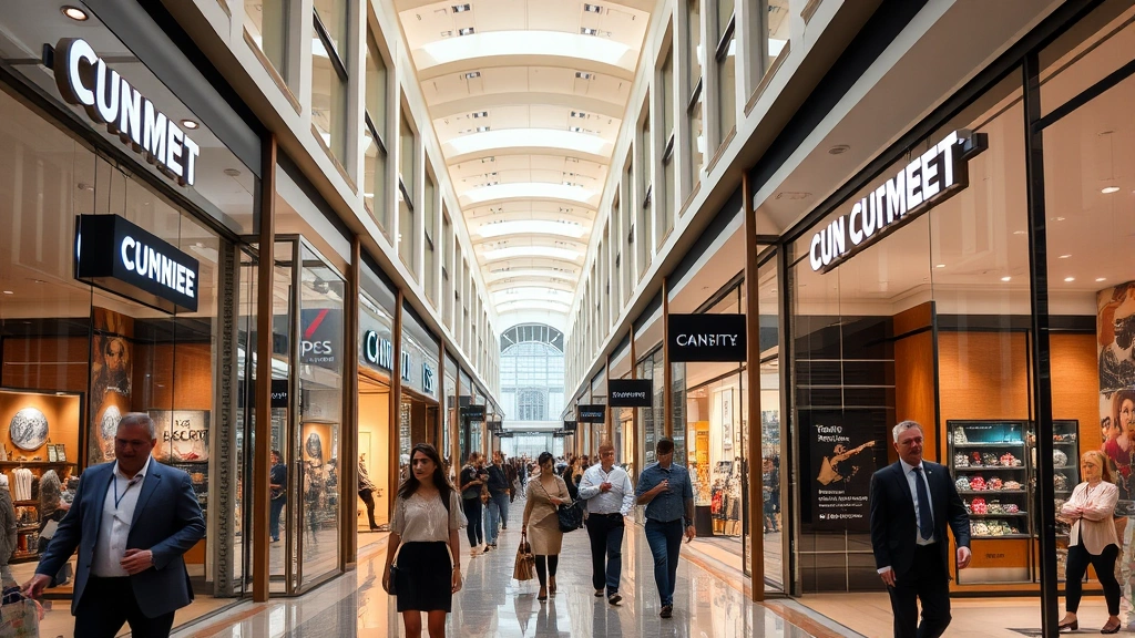 Busy ground-floor retail corridor with upscale storefronts, professional shoppers and commuters walking, contemporary interior design with polished floors, warm lighting, merchandise displays visible
