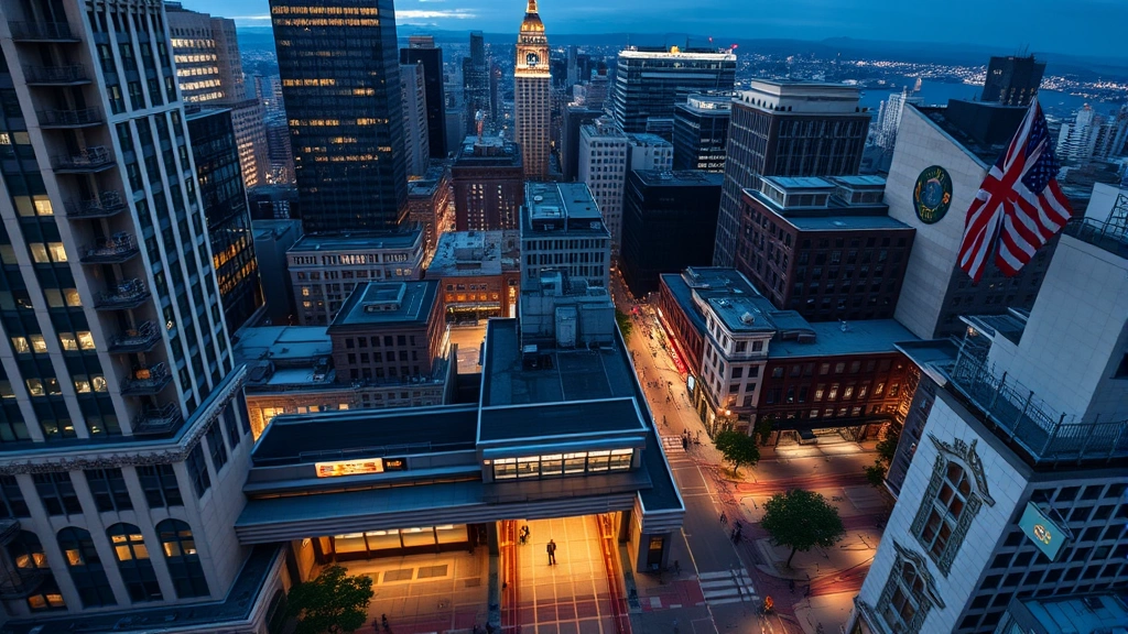 Aerial view of San Francisco Financial District showing downtown skyscrapers, BART station entrance, transit lines, pedestrian plazas with people, urban commercial density, daytime bright lighting
