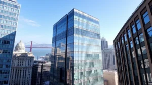 Modern high-rise office building downtown San Francisco with glass facade and clear sky, professional corporate architecture, daytime urban landscape with city skyline visible in background