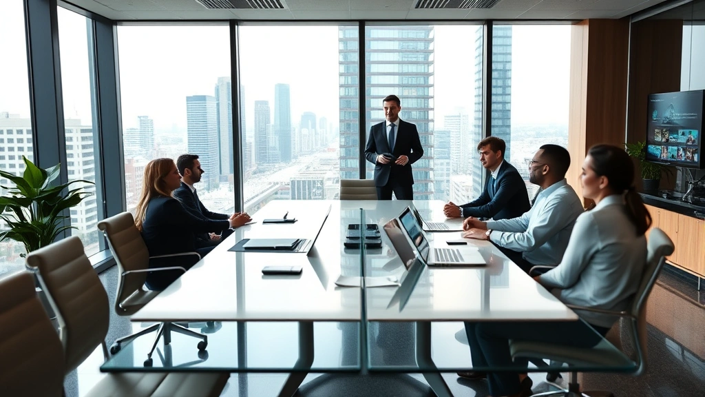 Professional business people in modern office conference room with large windows overlooking city, collaborative meeting environment with contemporary furniture and technology