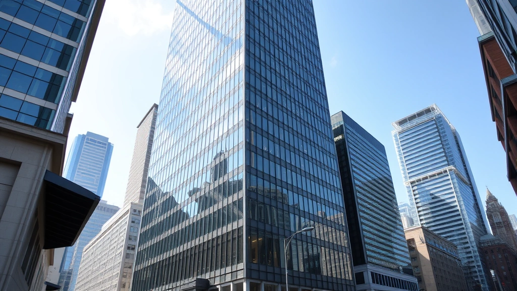 Modern high-rise office building exterior in San Francisco Financial District, glass and steel architecture, daytime urban setting, professional business district background, clear sky