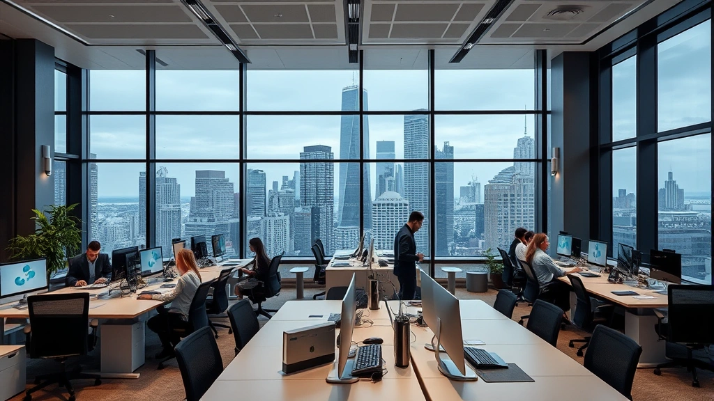 Corporate office interior with contemporary workstations, floor-to-ceiling windows overlooking city skyline, modern furnishings, professional business environment, employees collaborating