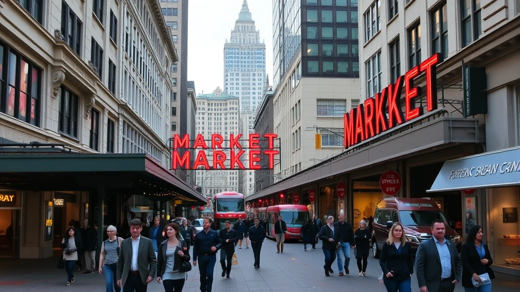 San Francisco Market Street urban corridor during business hours, pedestrians walking, financial district buildings, transit infrastructure, bustling commercial area, professional atmosphere
