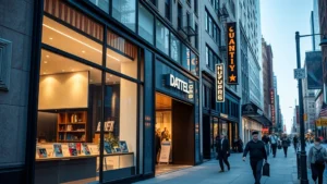 Urban downtown street-level retail storefront with large windows displaying products, pedestrians walking past, modern business signage, busy commercial district atmosphere, daytime lighting