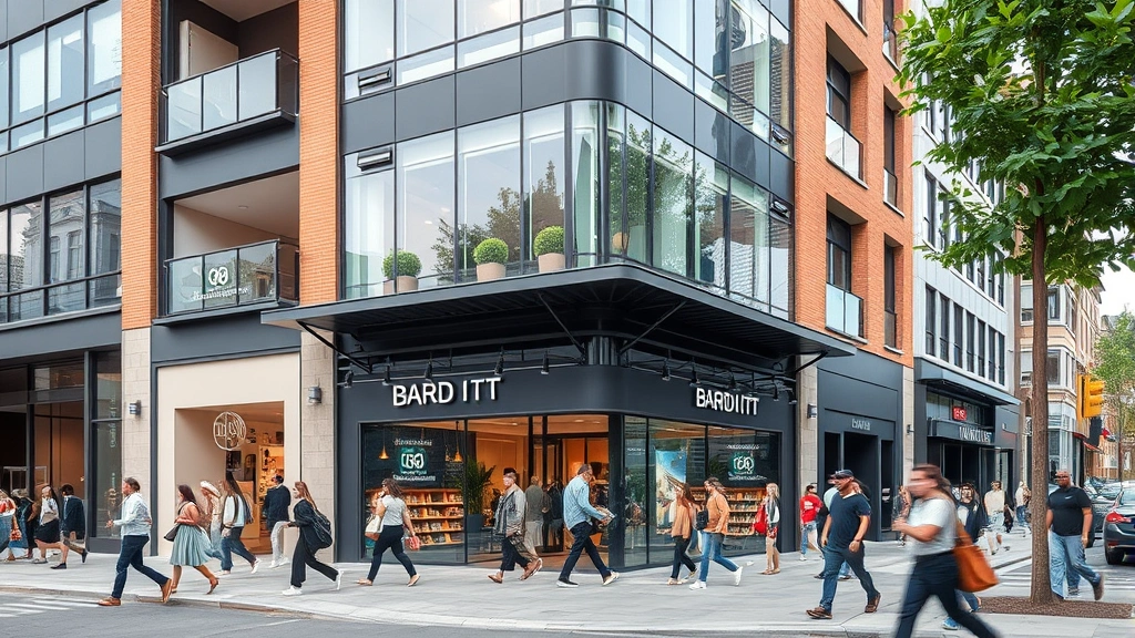 Modern urban retail storefront with mixed-use development, pedestrians shopping, contemporary architecture, natural daylight, diverse customers in motion, vibrant streetscape