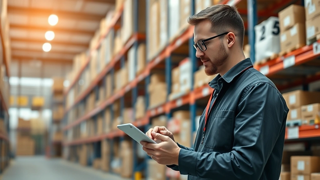 Retail manager using tablet checking inventory in warehouse, organized shelves with products, supply chain operation, professional business environment, technology integration visible