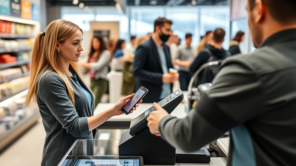 Customer using mobile phone for payment at retail checkout counter, contactless transaction, modern POS system, diverse customers in background, clean retail environment