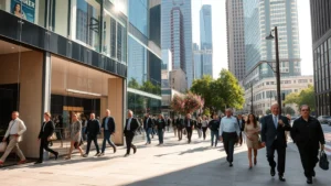 Professional photograph of a busy urban street-level retail storefront during daytime with crowds of well-dressed pedestrians walking past modern glass storefronts, high-rise office buildings in background, natural daylight creating dynamic shadows on sidewalk, showing premium retail environment without visible signage or text
