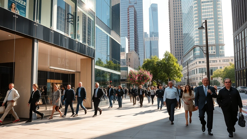 Professional photograph of a busy urban street-level retail storefront during daytime with crowds of well-dressed pedestrians walking past modern glass storefronts, high-rise office buildings in background, natural daylight creating dynamic shadows on sidewalk, showing premium retail environment without visible signage or text