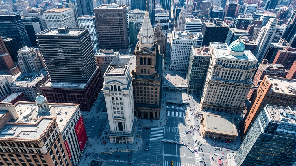 Aerial view of dense urban downtown financial district showing multiple buildings, street grid patterns, and heavy pedestrian traffic flow, demonstrating geographic connectivity and accessibility of major commercial hub, daytime photography with clear weather