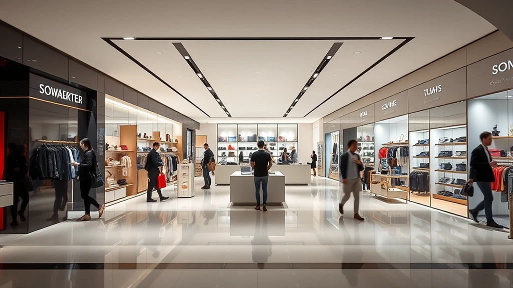 Interior photograph of modern retail space showing contemporary store design with minimalist aesthetic, professional lighting, and polished surfaces, customers browsing merchandise, representing premium shopping experience and retail environment quality without visible brand names or text
