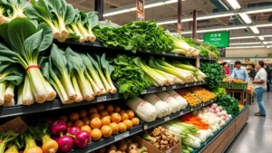 Asian grocery store produce section with fresh bok choy, gai lan, mushrooms, and specialty vegetables displayed on tiered shelves, bright fluorescent lighting, customers browsing in background