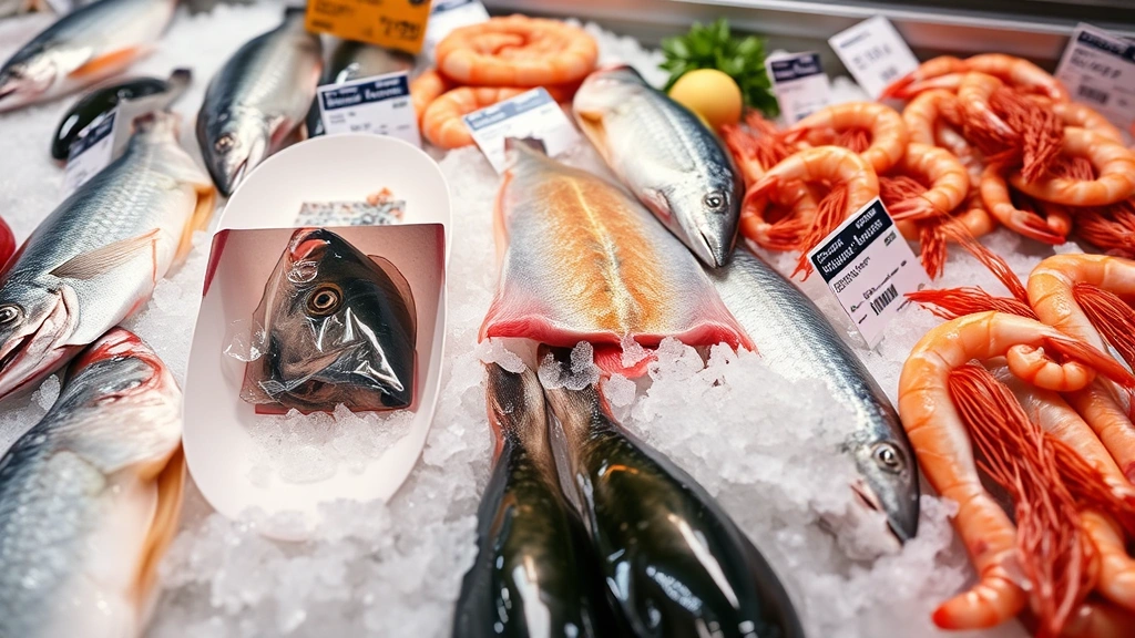 Close-up of premium fresh seafood on ice including whole fish, shrimp, and specialty items with price tags visible, professional grocery store display, clean and fresh appearance