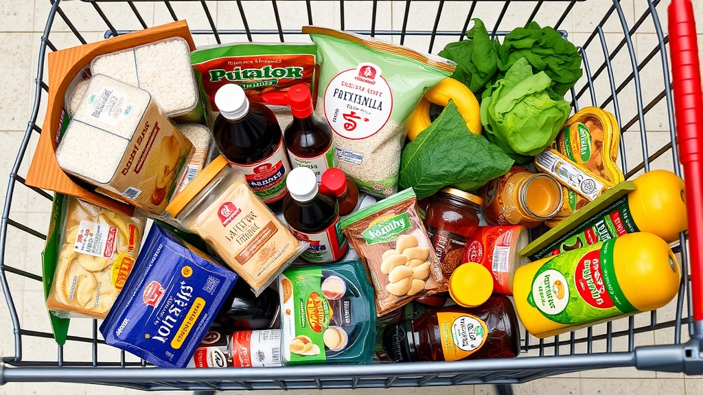 Shopping cart filled with diverse Asian grocery items including rice packages, soy sauce bottles, frozen dumplings, fresh produce, and pantry staples, overhead view showing organized arrangement