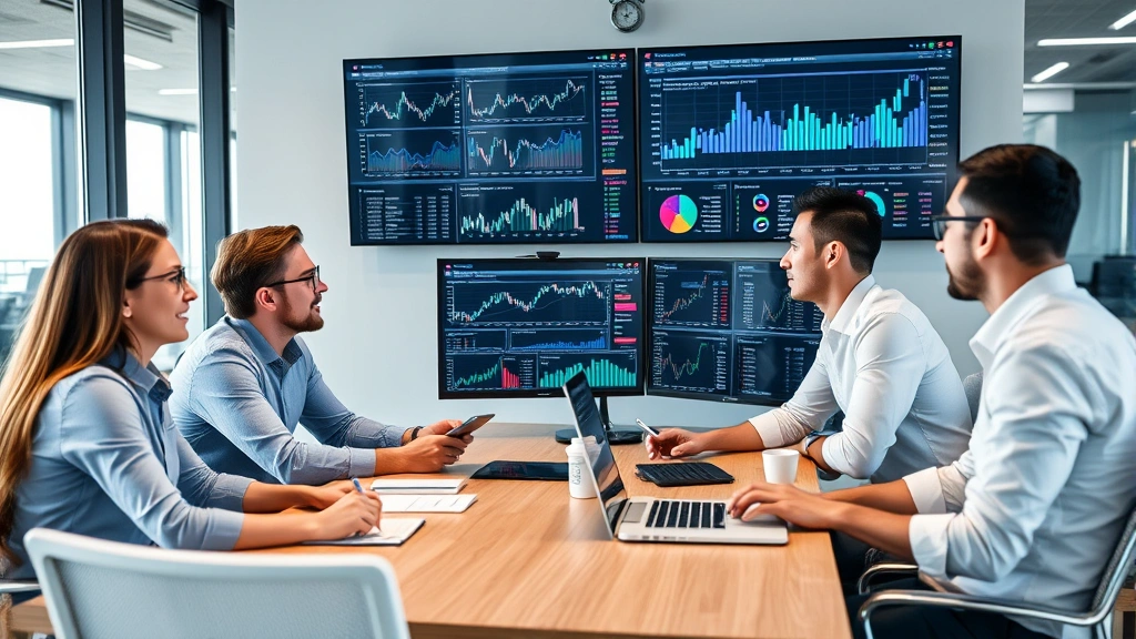 Professional business team analyzing market data on multiple screens in modern office, reviewing charts and analytics dashboards, diverse professionals collaborating around conference table