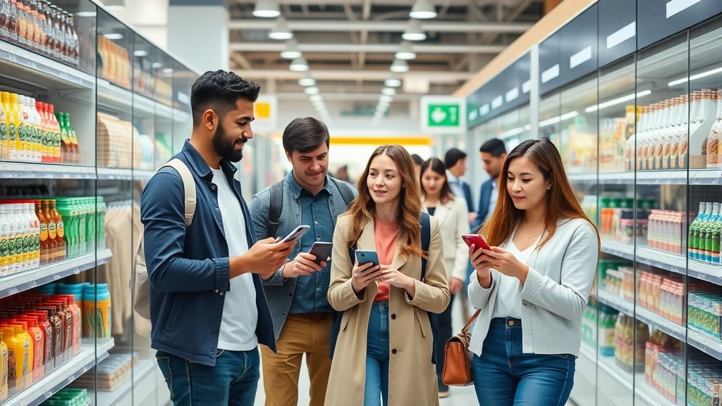 Diverse customers shopping in modern retail environment, examining products on shelves, using mobile devices, representing different demographics and shopping behaviors in contemporary store