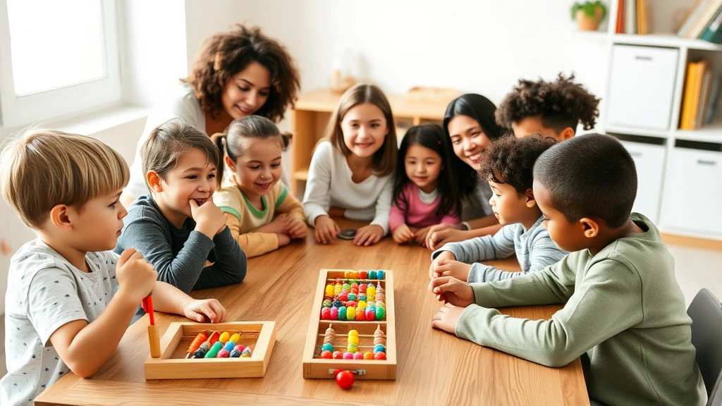 Diverse group of children and adults sitting around wooden table with colorful wooden abacuses, engaged in learning mental math, bright natural lighting, modern classroom or home education setting, focus on hands using beads, warm educational atmosphere