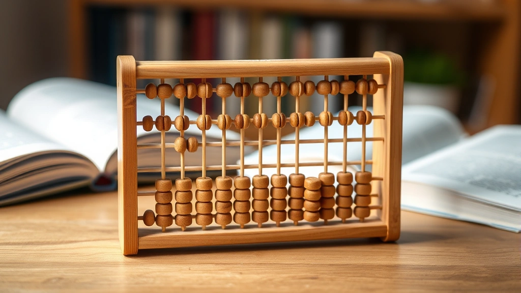 Close-up of premium wooden abacus with sustainable bamboo beads and frame, sitting on natural wood surface with blurred books and educational materials in background, soft natural light, minimalist aesthetic, high quality craftsmanship visible