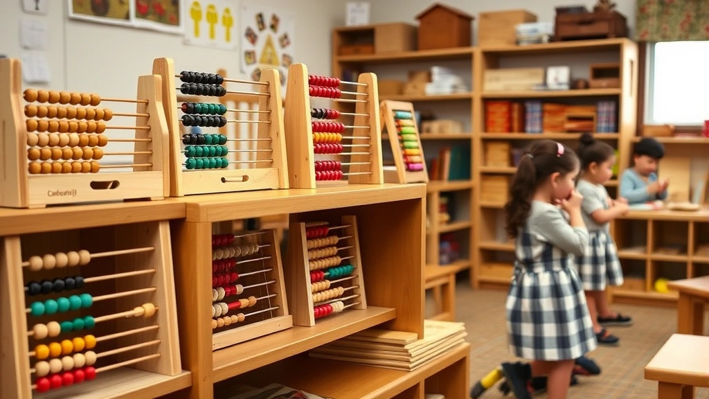 Montessori classroom environment with multiple abacuses on shelves alongside other traditional learning materials, children in background using abacuses, warm wooden tones, organized educational space, focus on abacus display and accessibility