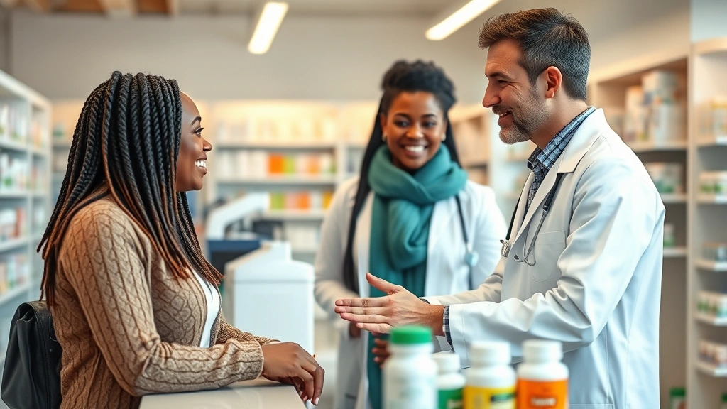 Professional pharmacist in white coat consulting with diverse customer at pharmacy counter with medication bottles and modern pharmacy interior, natural lighting, friendly interaction