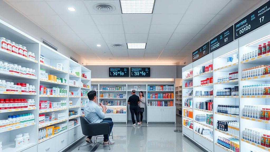 Modern pharmacy interior with organized medication shelves, digital prescription status displays, and customers waiting in comfortable seating area, clean contemporary design