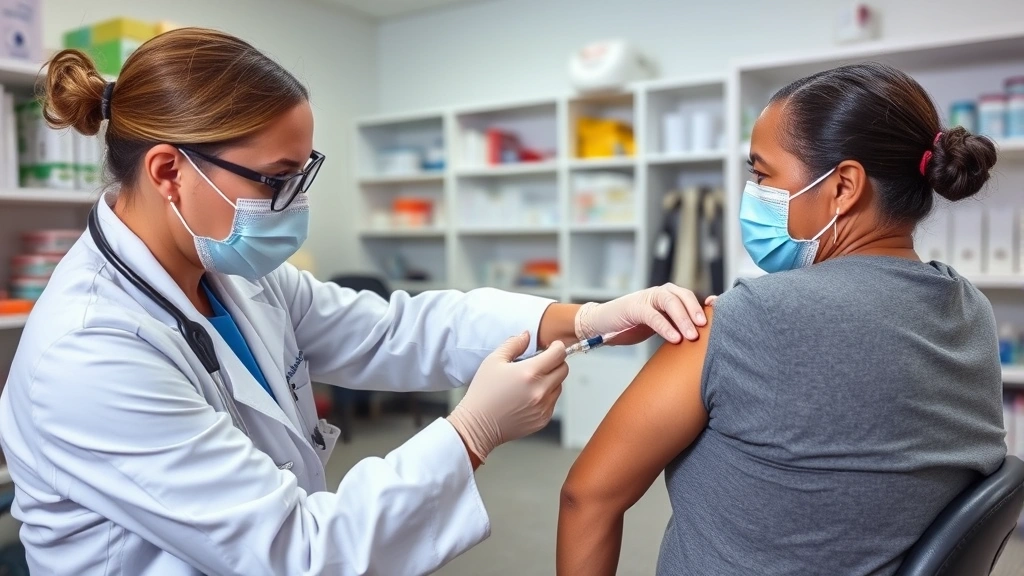 Healthcare professional administering vaccine to patient in pharmacy setting with clear professional demeanor, medical supplies visible, community health clinic atmosphere