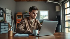 Young entrepreneur working at laptop in home office garage setup with coffee and notebook, natural daylight, focused expression, modern minimalist workspace