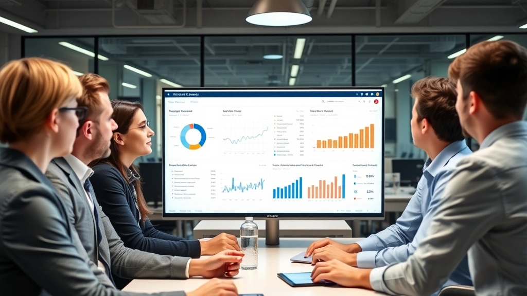 Team of diverse professionals reviewing analytics dashboard on large monitor with charts and metrics visible, collaborative atmosphere, business casual attire, modern office